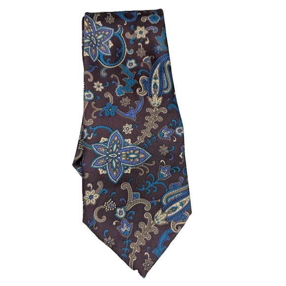 Lorenzo Selini Men's Necktie‎ Brown Blue Tan Paisley Short - Picture 1 of 4